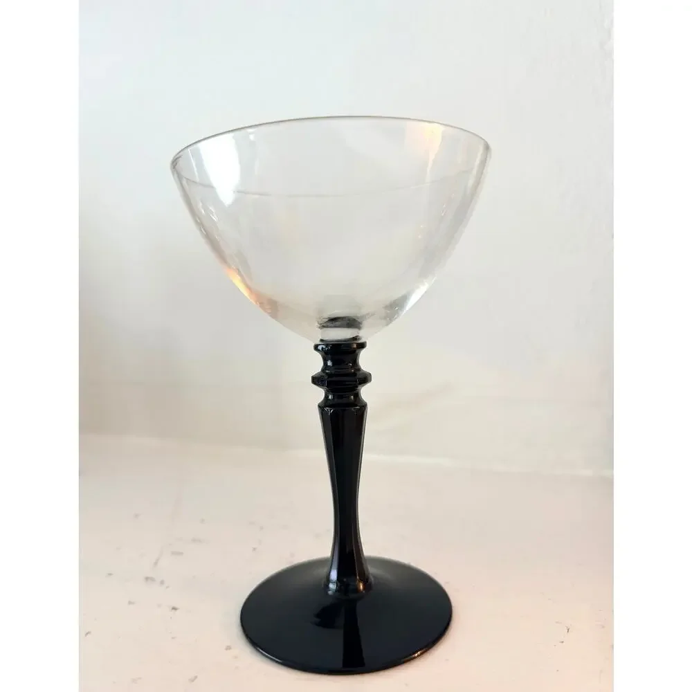 4 Vintage Black Stem Wine Goblets Set 4 Cocktail Coupes Elegant Deco Goth